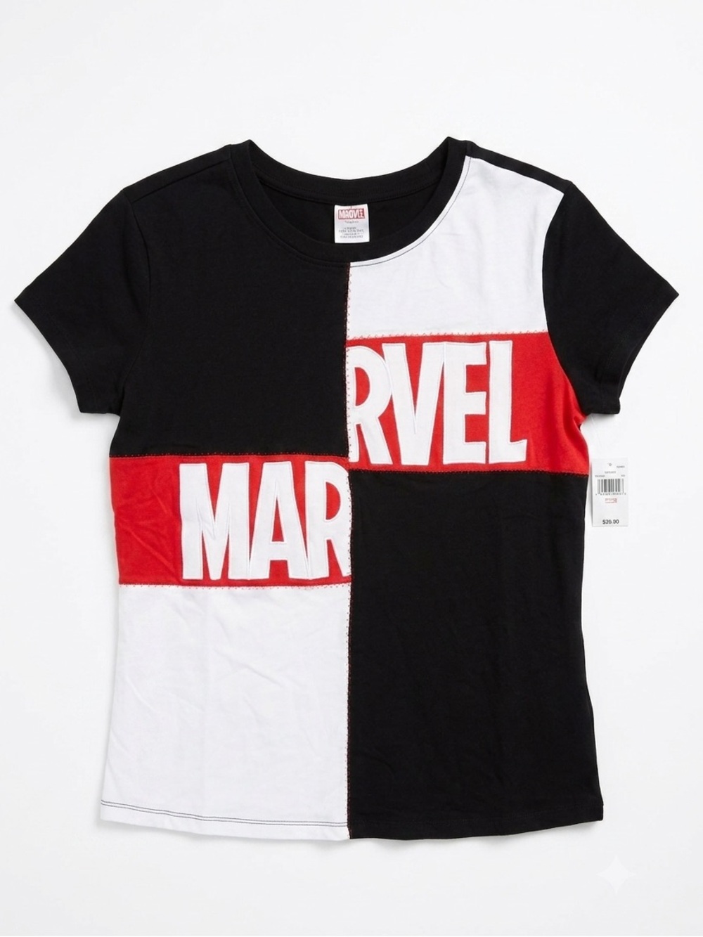 NWT Marvel Patchwork Colorblock Split Graphic Tee T Shirt Black Red Sz L